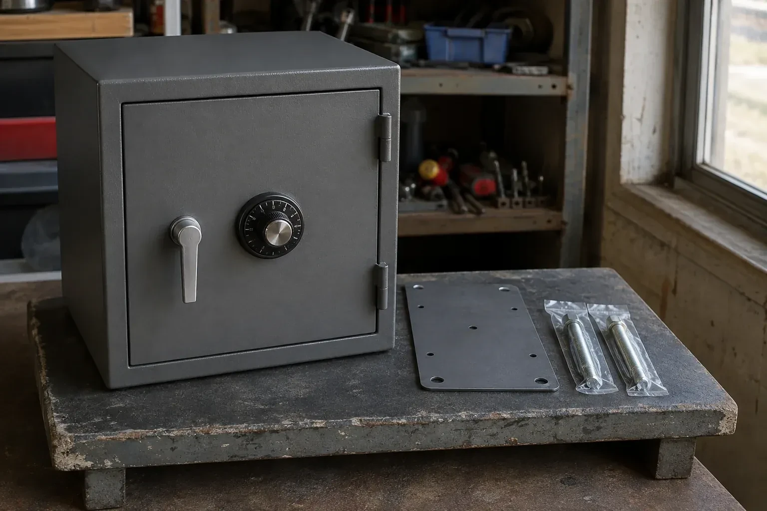Closed small safe beside a metal plate and packaged fasteners on a workshop bench. — Safe Installation & Servicing, Oakville