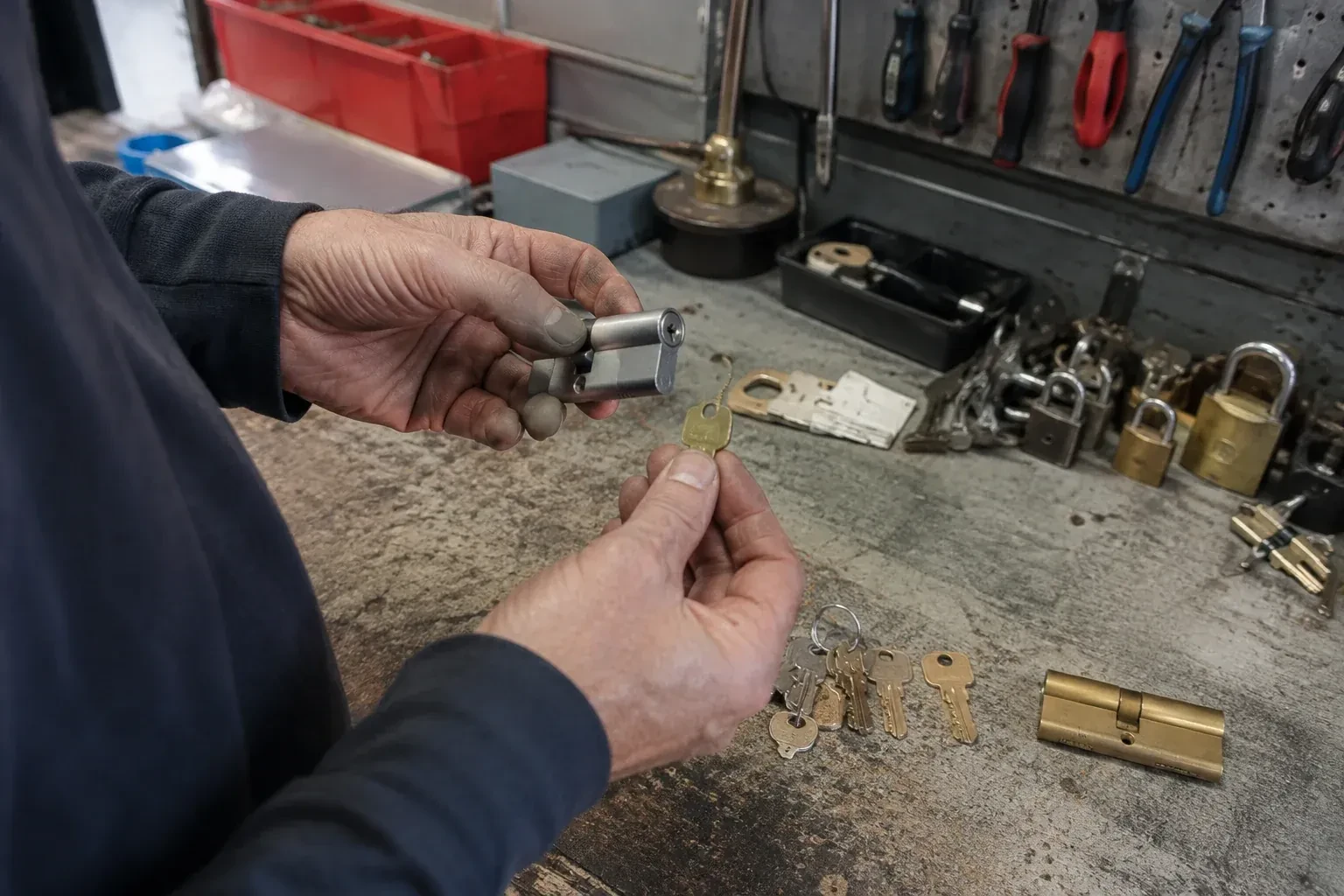 Hands holding a silver-colored lock cylinder and a brass-colored key above a workbench with padlocks, keys and tools. — Master Key System Design, Oakville