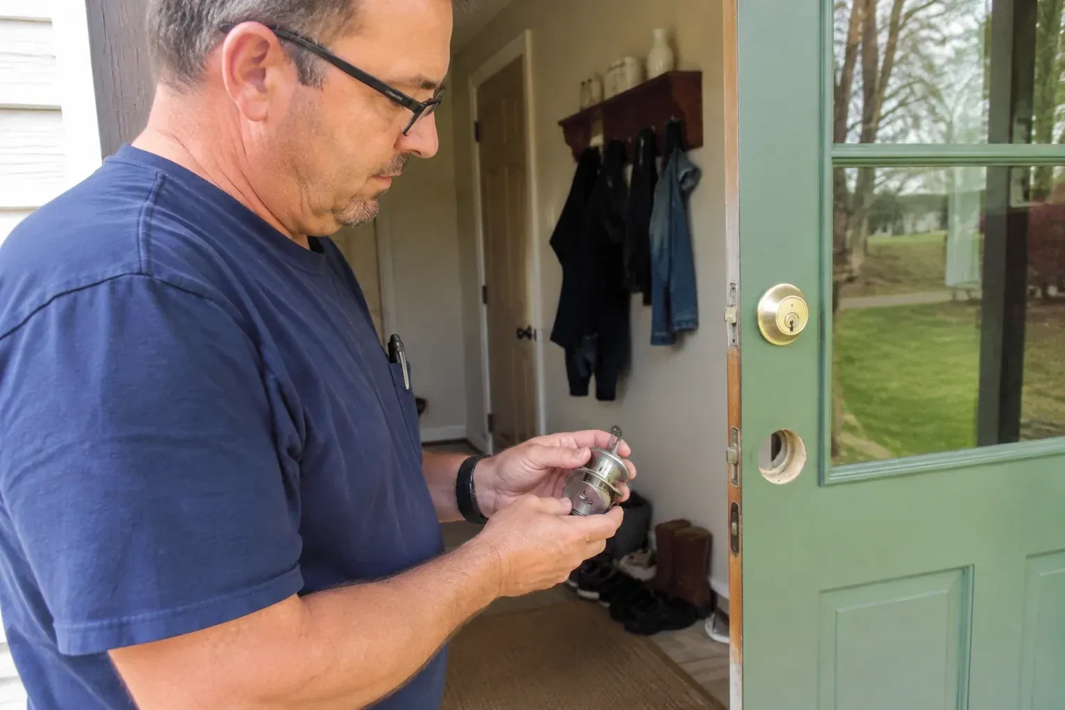 Person holding a cylindrical door-lock assembly beside an open green glazed door with its lower lock opening exposed. — Seized & Jammed Lock Opening, Oakville