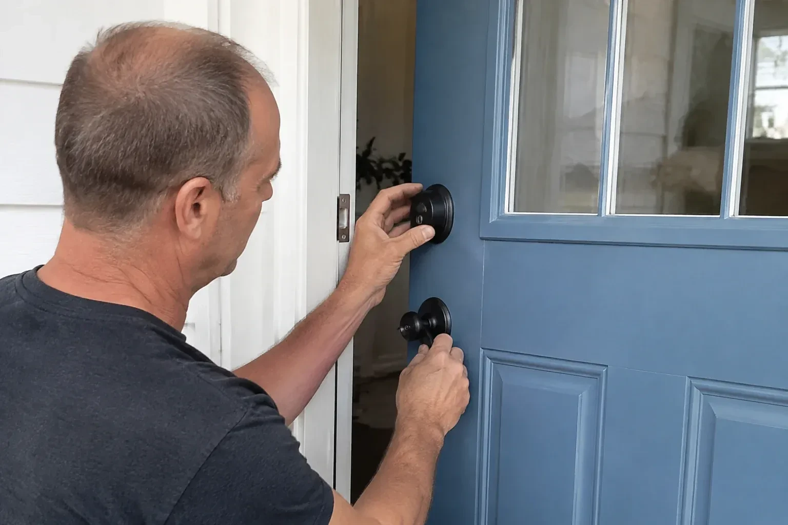 Person holding the black deadbolt and doorknob of a partly open blue front door. — Deadbolt Installation, Oakville