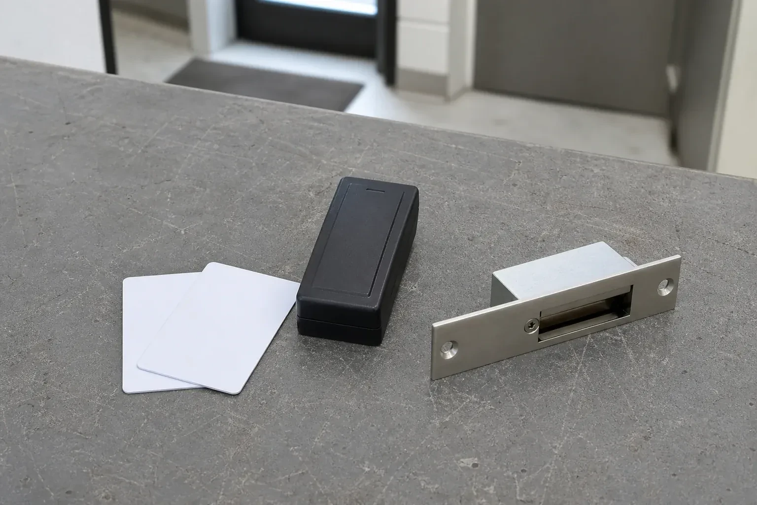 Detached card reader, two plain cards and an electric-strike component on a service bench. — Access Control Installation, Oakville