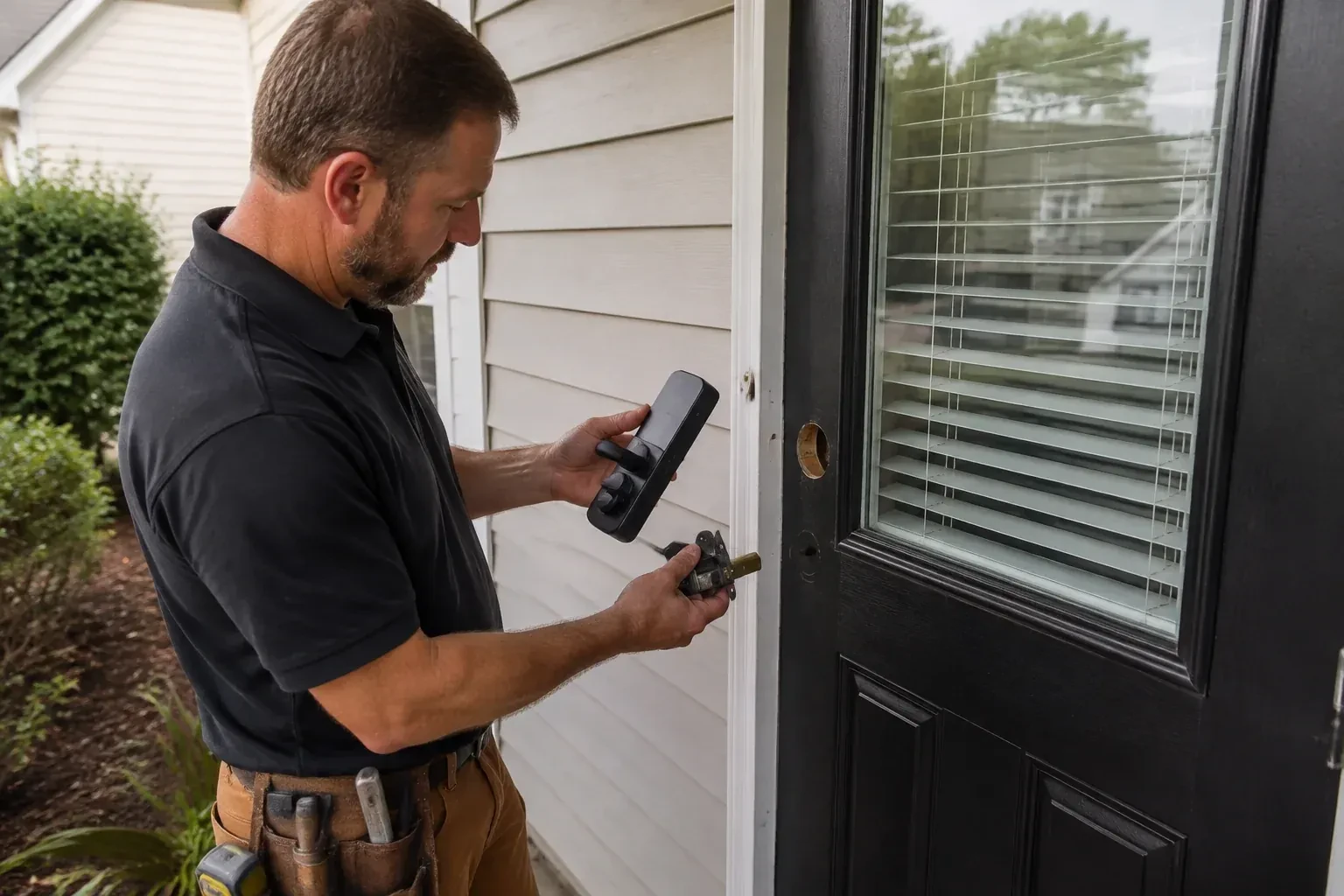 Person holding a black door-handle assembly and a latch beside a glazed door with exposed lock openings. — Smart Lock Installation, Oakville