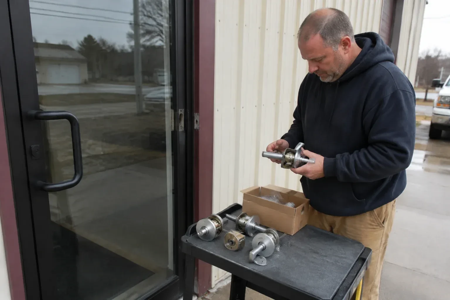 Person holding a door-handle assembly beside a glazed entrance, with more handle and lock components on a cart. — Commercial-Grade Lock Replacement, Oakville