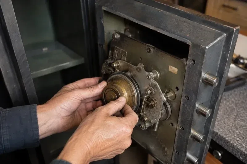 Hands holding a round metal component against the exposed mechanism inside an open safe door. — Safe Opening & Combination Change, Oakville