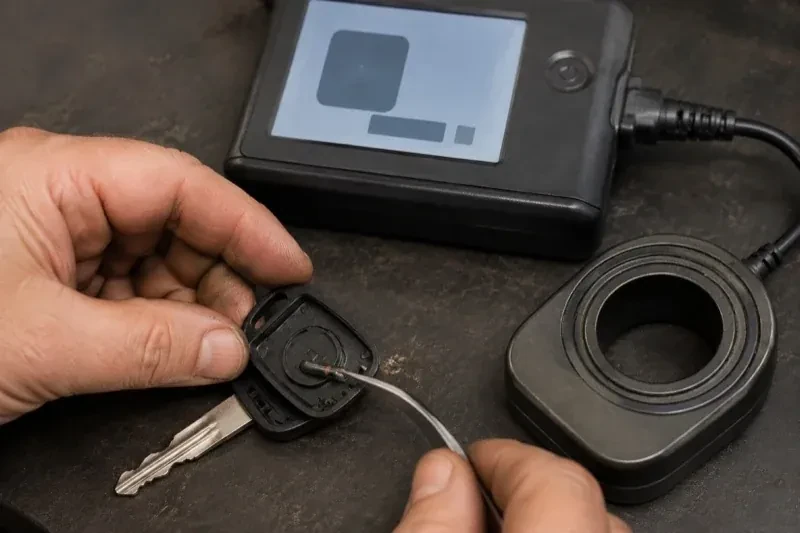 Hands using tweezers at an opened car-key head beside a small electronic unit and a ring-shaped accessory. — Transponder Key Programming, Oakville