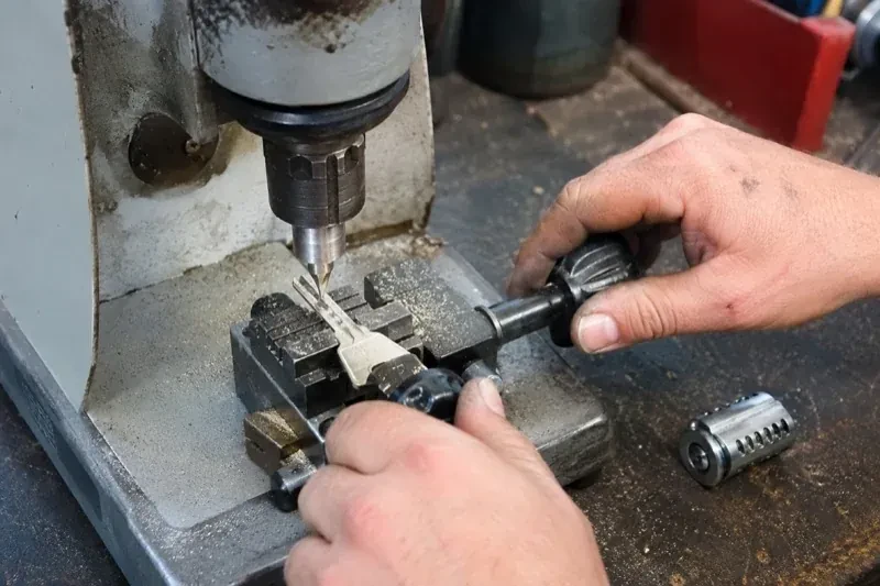 Hands operating a bench-mounted machine with a key clamped beneath a vertical cutter and a loose lock cylinder nearby. — Car Key Replacement, Oakville