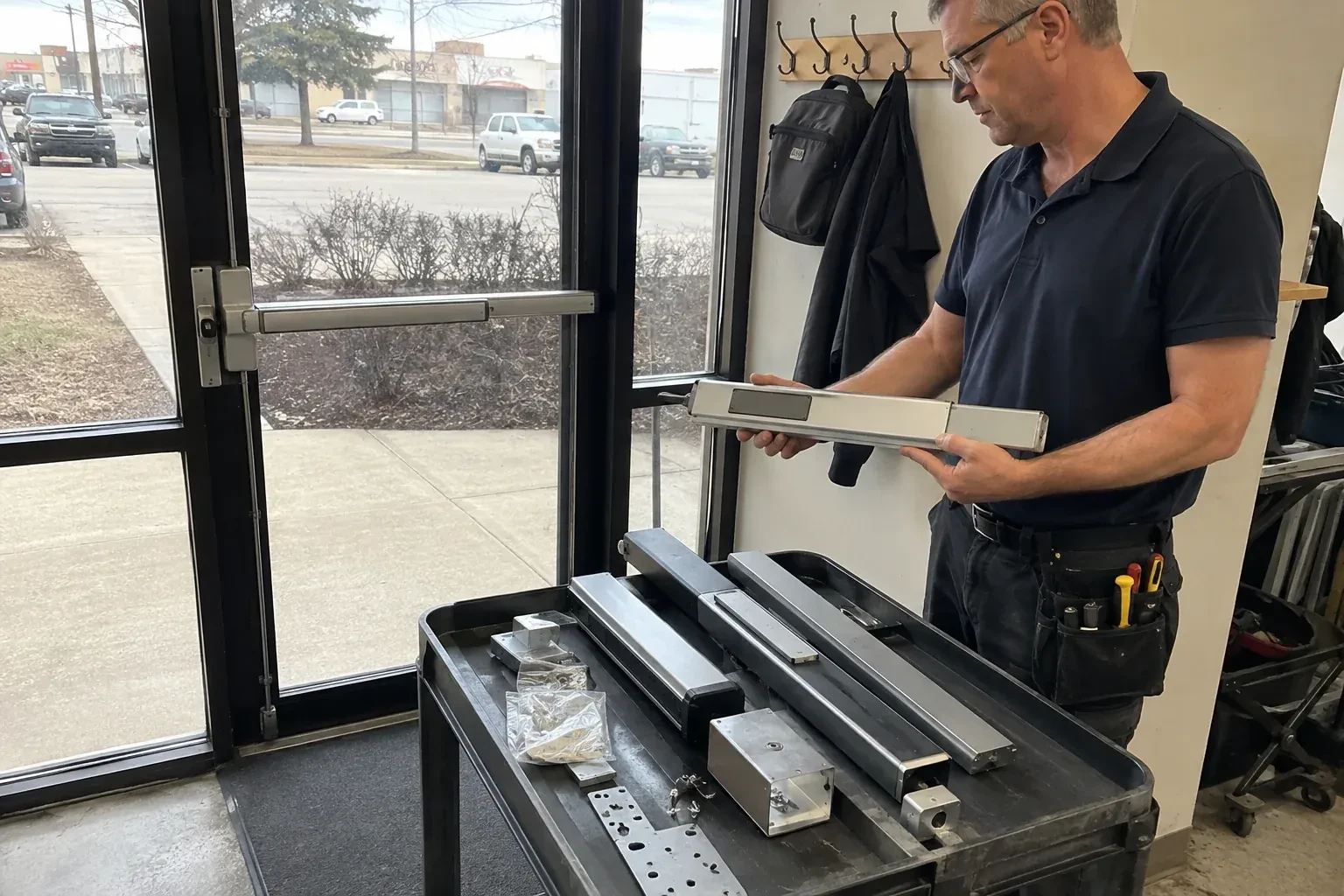 Person holding a long metal door-hardware assembly beside a cart of similar parts and a glass door fitted with a push bar. — Panic & Exit Hardware, Oakville