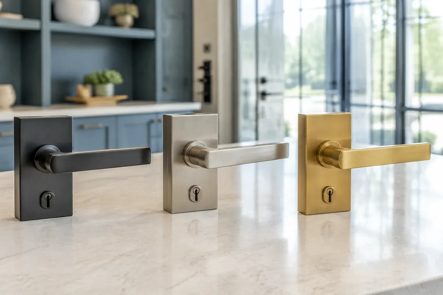 Three rectangular door-handle sets with keyholes in black, silver-colored and gold-colored finishes standing on a countertop. — Commercial Rekeying, Oakville