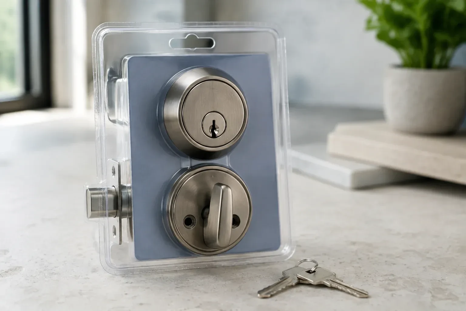 A silver-colored deadbolt set in clear packaging with two keys resting on the countertop in front. — Lock Rekeying, Oakville