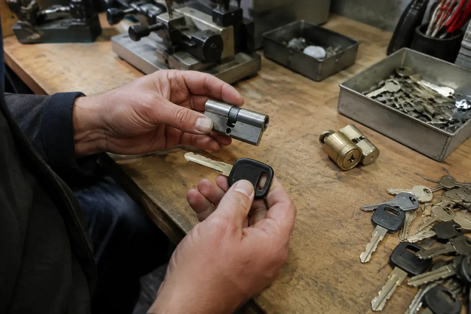Hands holding a silver-colored lock cylinder and a black-headed key above a workbench with loose keys and another cylinder. — Spare Car Key Duplication, Oakville