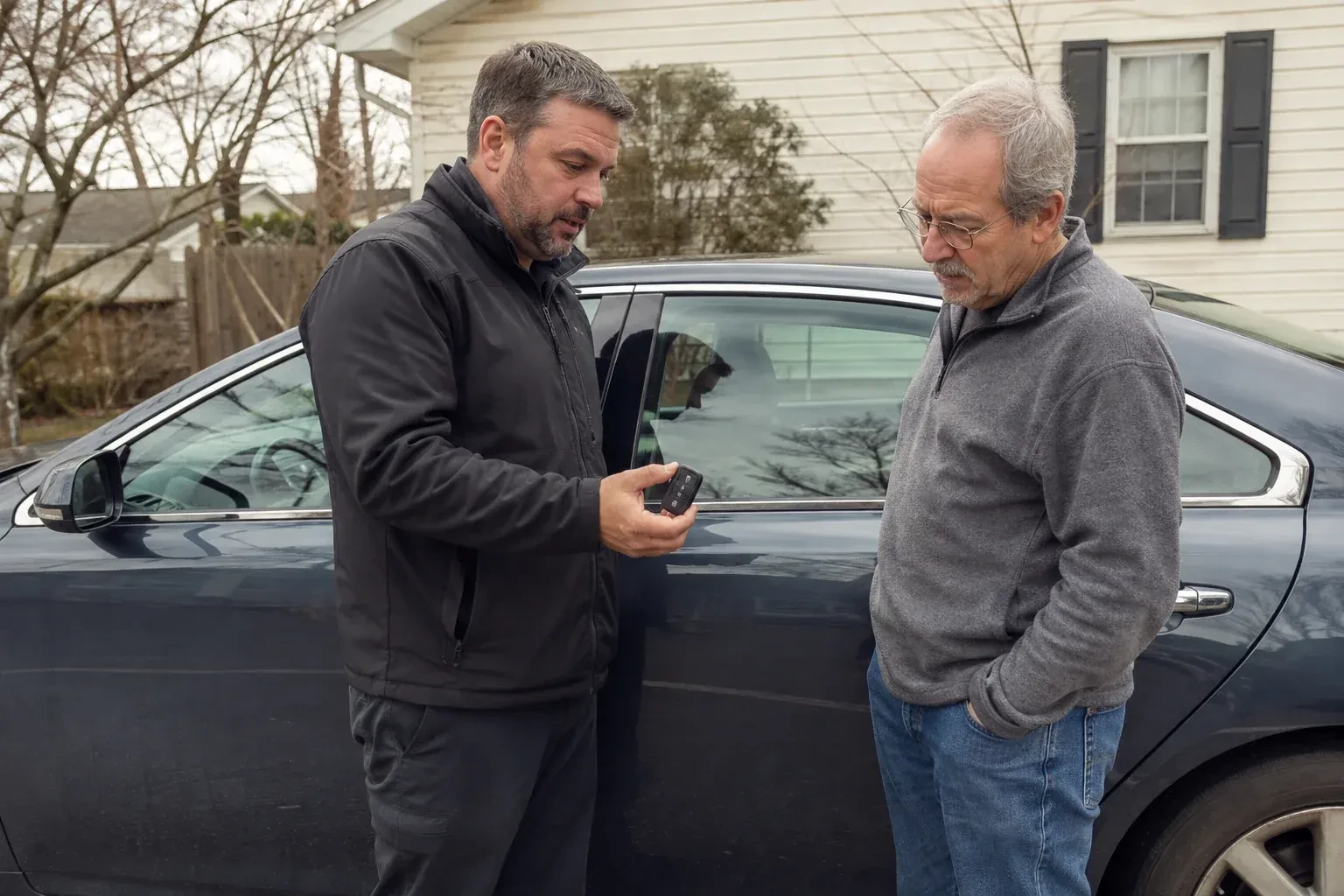 Two people beside a dark sedan, one holding up a black key fob. — Car Lockout Service, Oakville