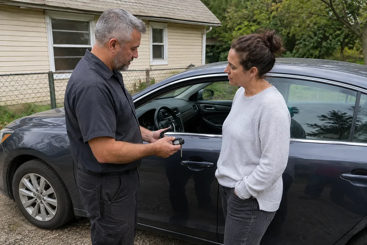 Two people standing beside a car with its window lowered, one holding a key and black key fob. — Ignition Lock Repair, Oakville