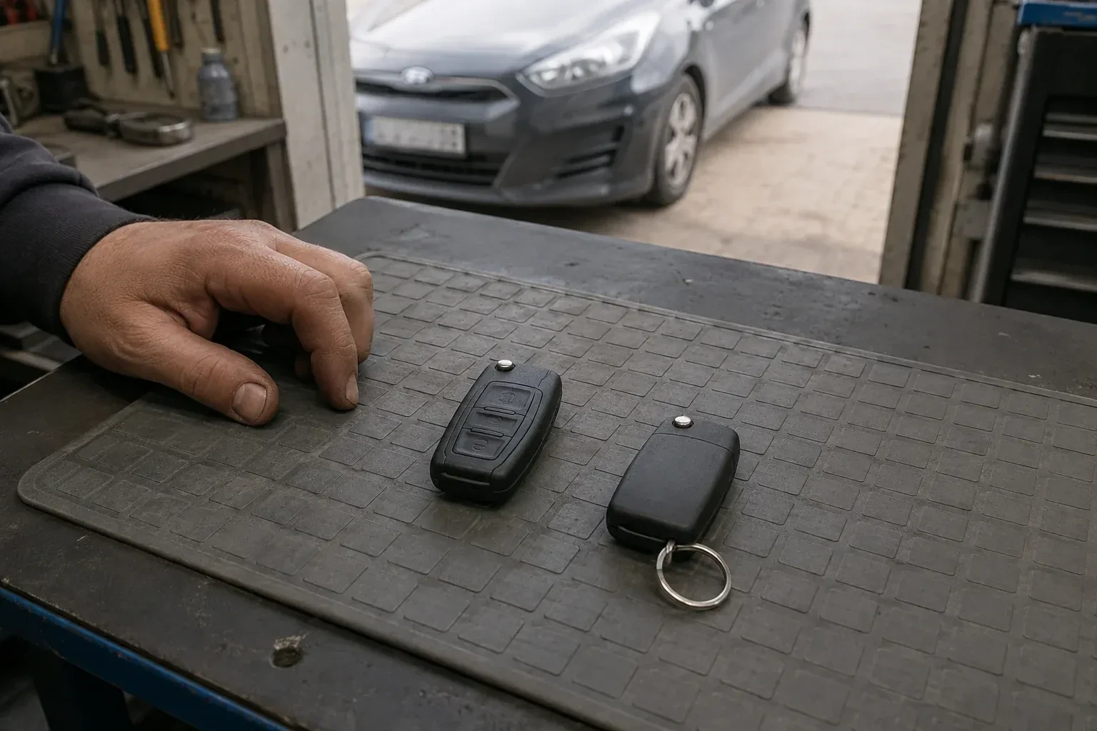 Two vehicle remote fobs on a work mat beside a technician’s hand, with a parked car beyond. — Key Fob Programming, Oakville